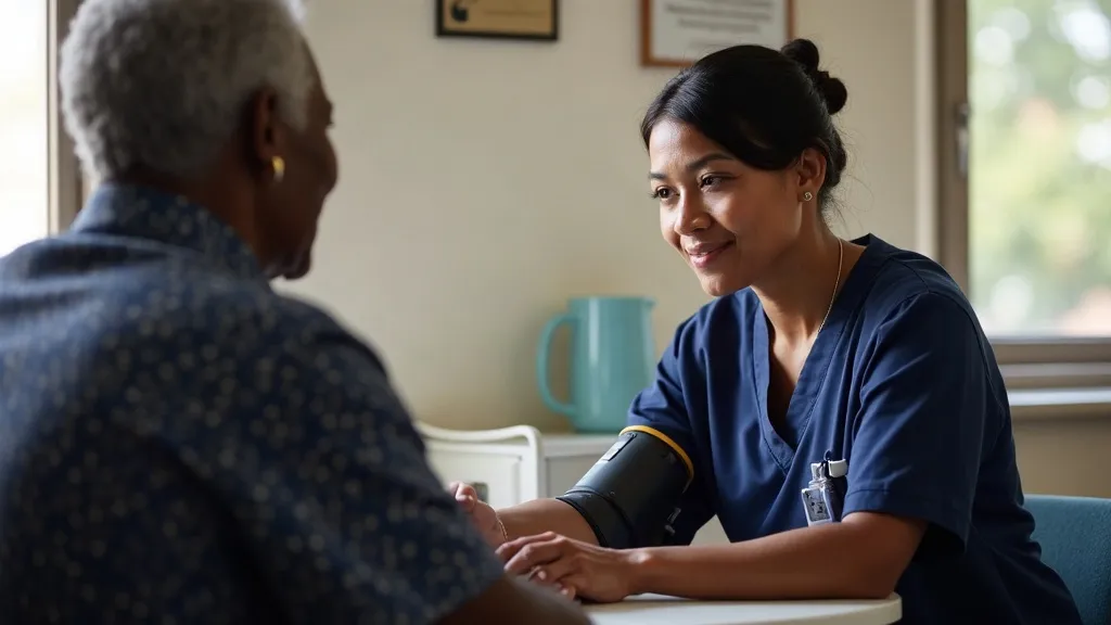 Illustrative image: a nurse taking an elderly woman's blood pressure
