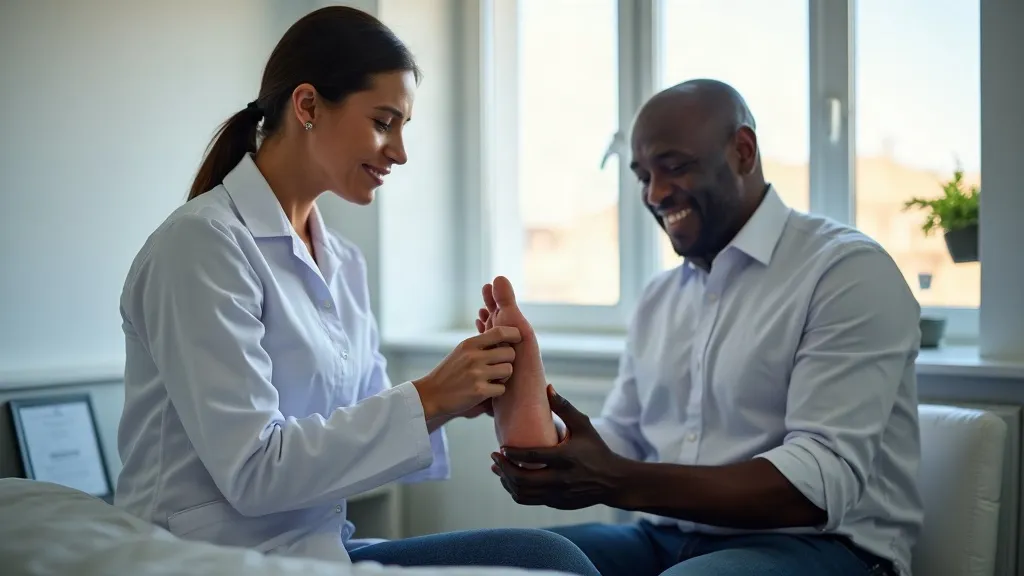 Illustrative image: a podiatrist examining a patient's foot