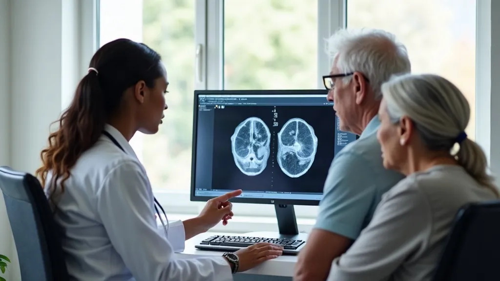 Illustrative image: a specialist explaining a scan to a patient and his wife