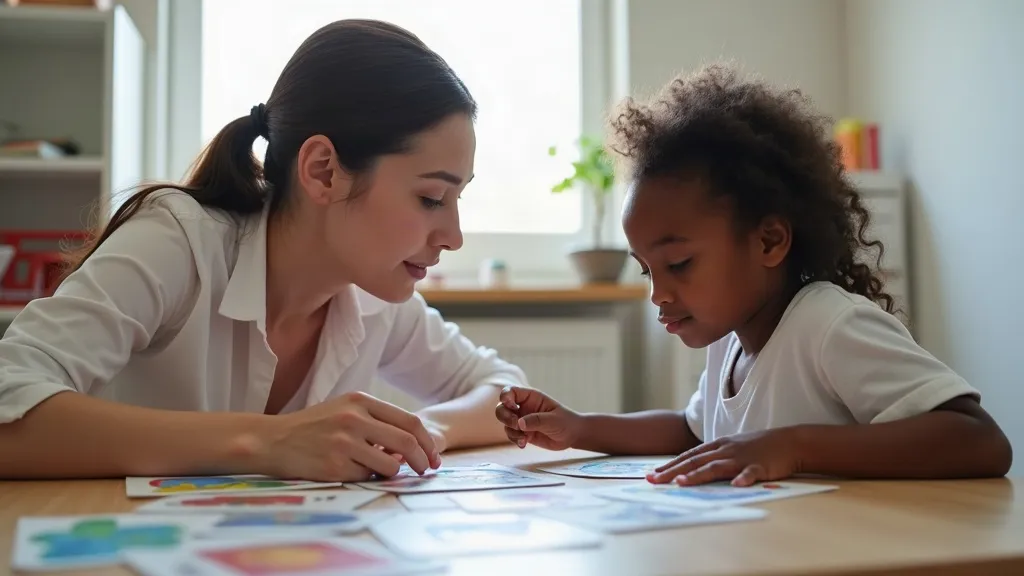 Illustrative image: a speech therapist working with a young girl using picture cards