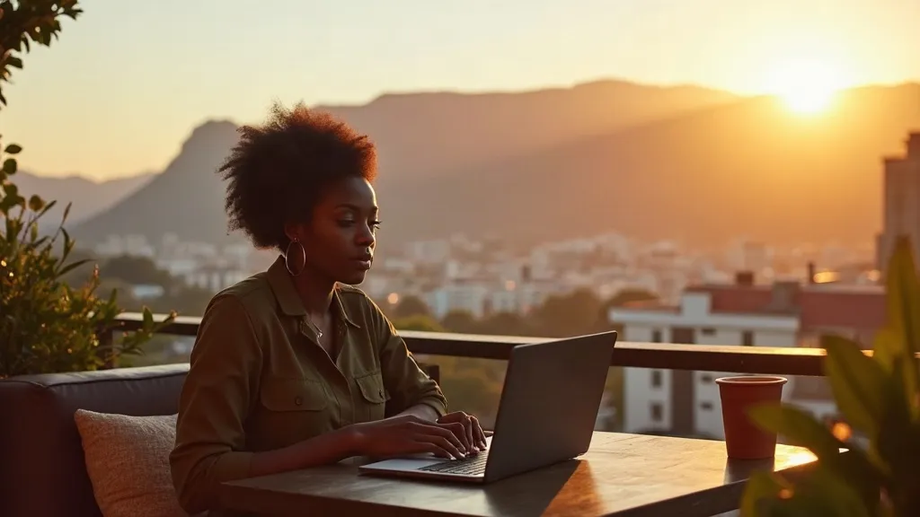 Entrepreneur on a laptop with Table Mountain behind