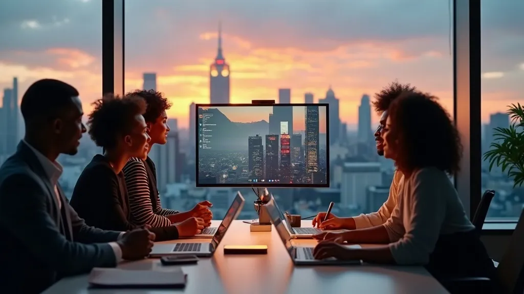 International team on a video call in a glass office