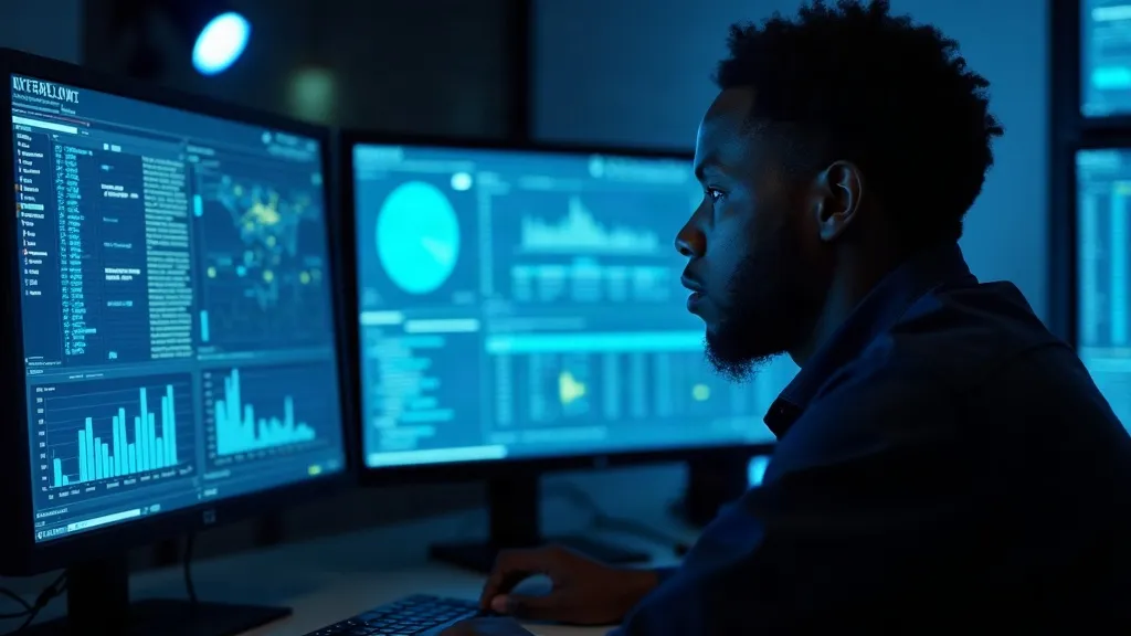 Security specialist monitoring network dashboards in a dark operations room