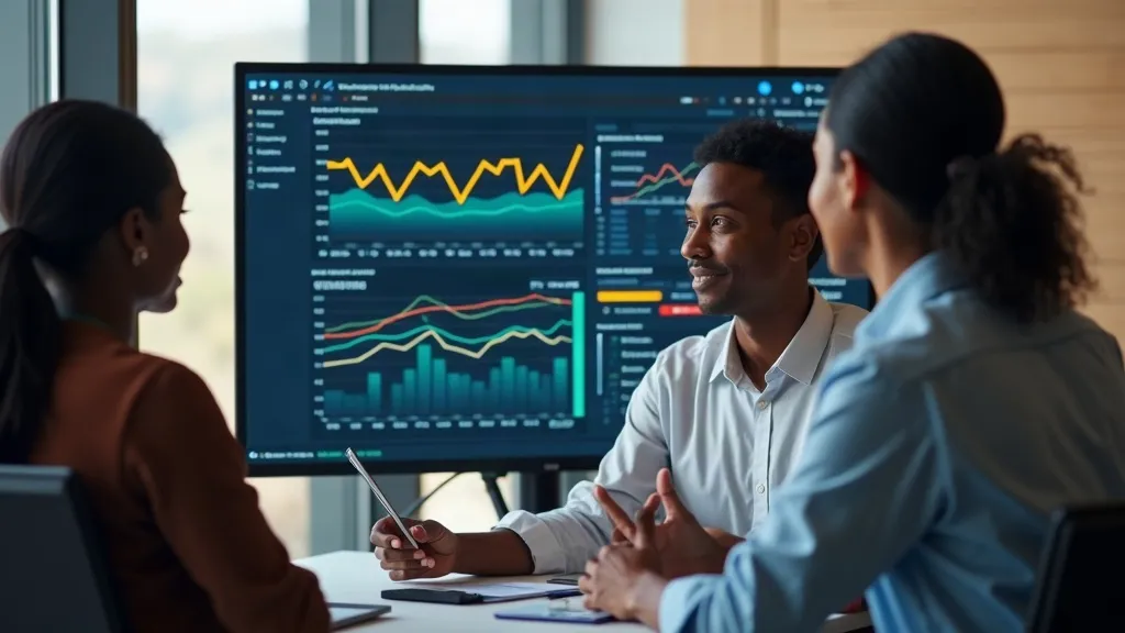 Diverse team collaborating in front of an analytics screen