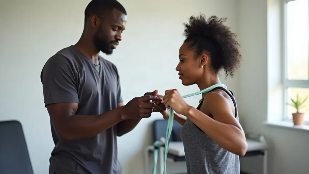 Illustrative image: a biokineticist supervising a resistance-band exercise