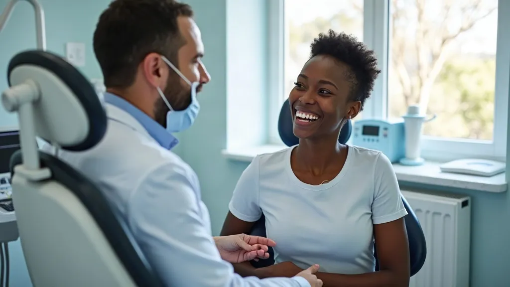 Illustrative image: a dentist talking with a smiling patient in a dental chair