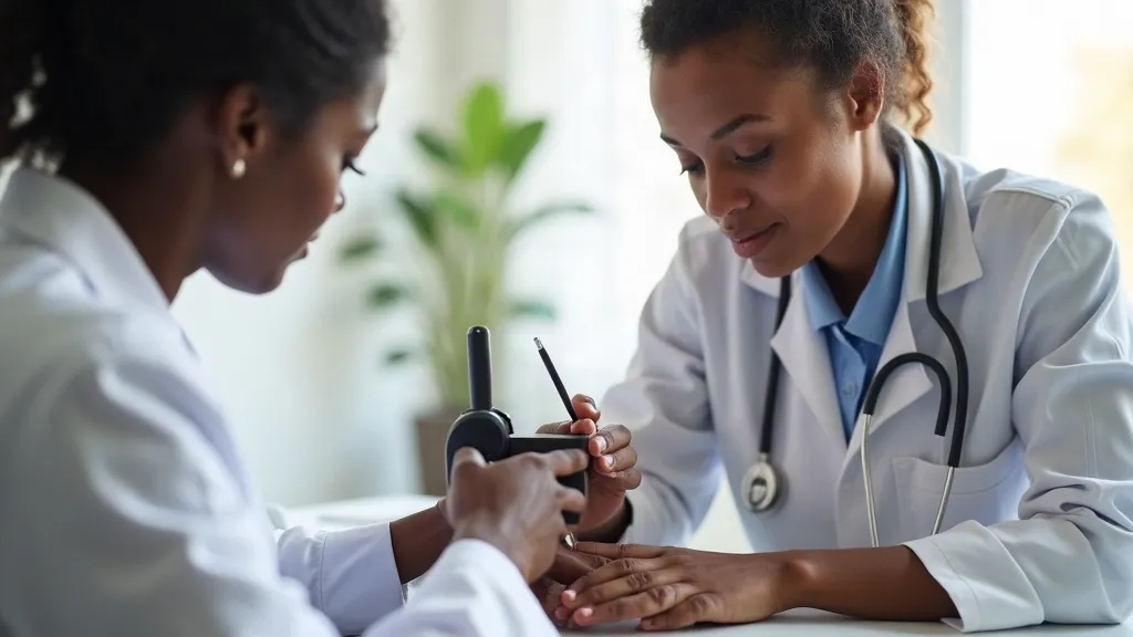Illustrative image: a dermatologist examining a patient's forearm