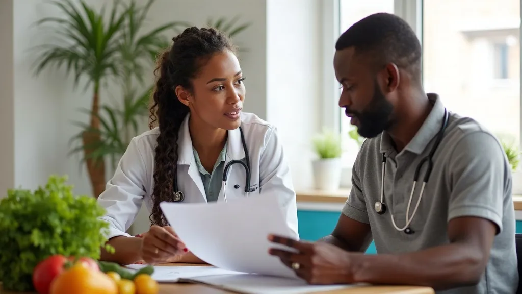 Illustrative image: a dietitian discussing a meal plan with a client