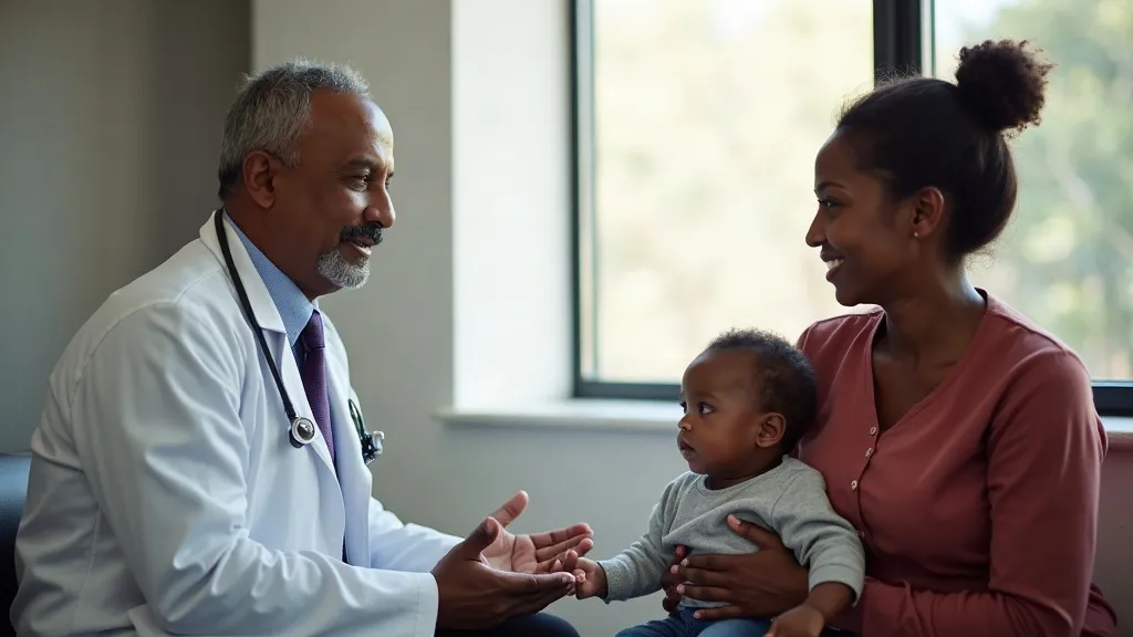 Illustrative image: a GP talking with a mother and her child