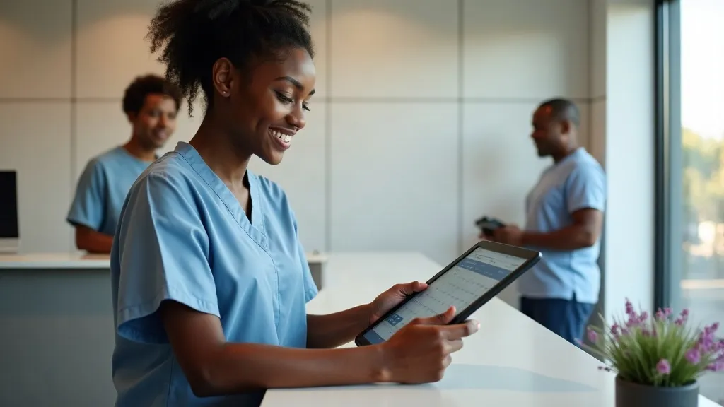 Illustrative image: a physiotherapist at a practice reception desk checking a booking calendar on a tablet