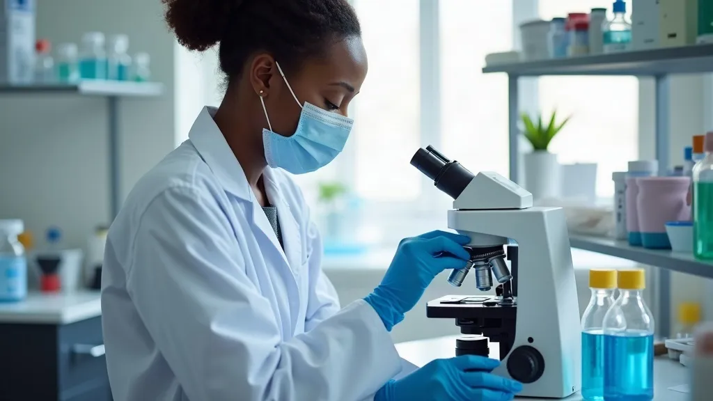Illustrative image: a laboratory scientist working with sample tubes