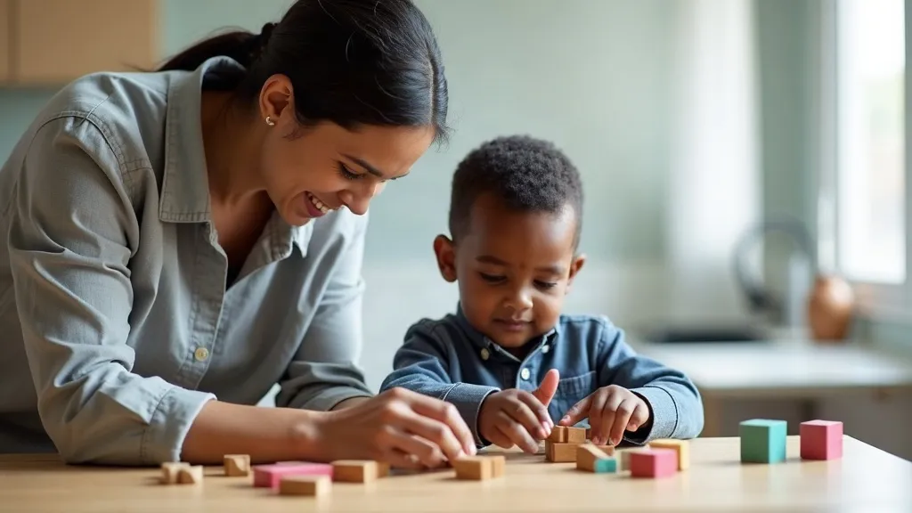 Illustrative image: an occupational therapist working with a young boy using blocks