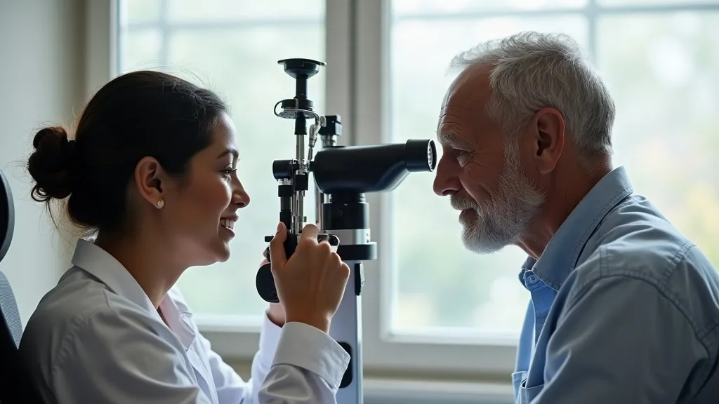 Illustrative image: an optometrist conducting an eye test