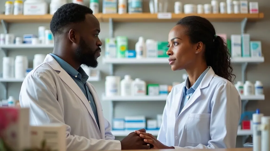 Illustrative image: a pharmacist advising a customer at the counter