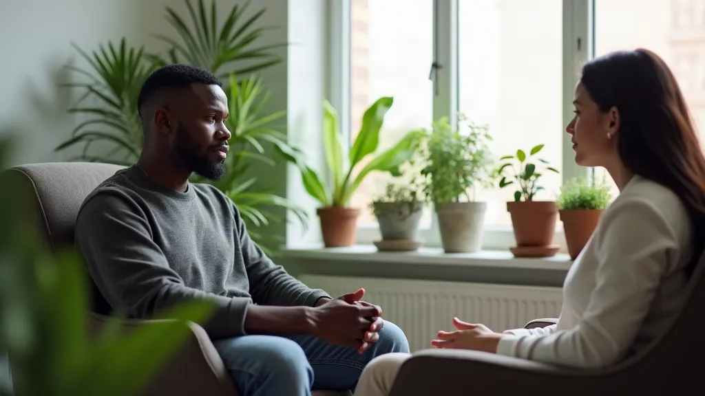 Illustrative image: a psychologist listening to a client in a calm therapy room