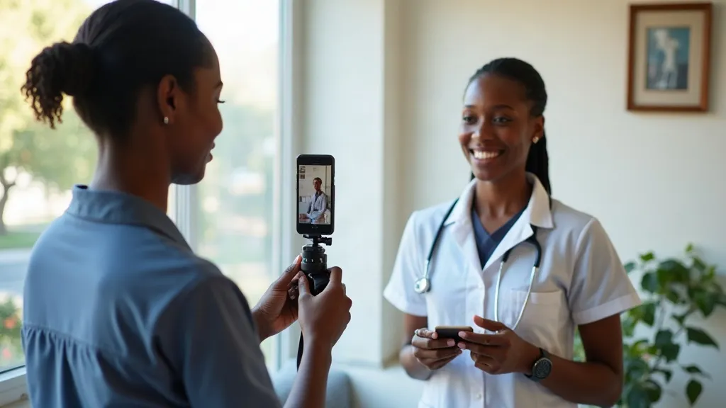 Illustrative image: a physiotherapist recording a short educational video on a smartphone