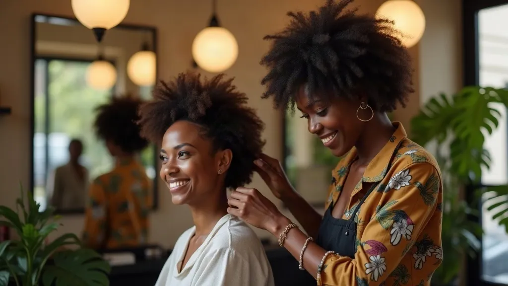 Hairstylist styling a smiling client's natural hair