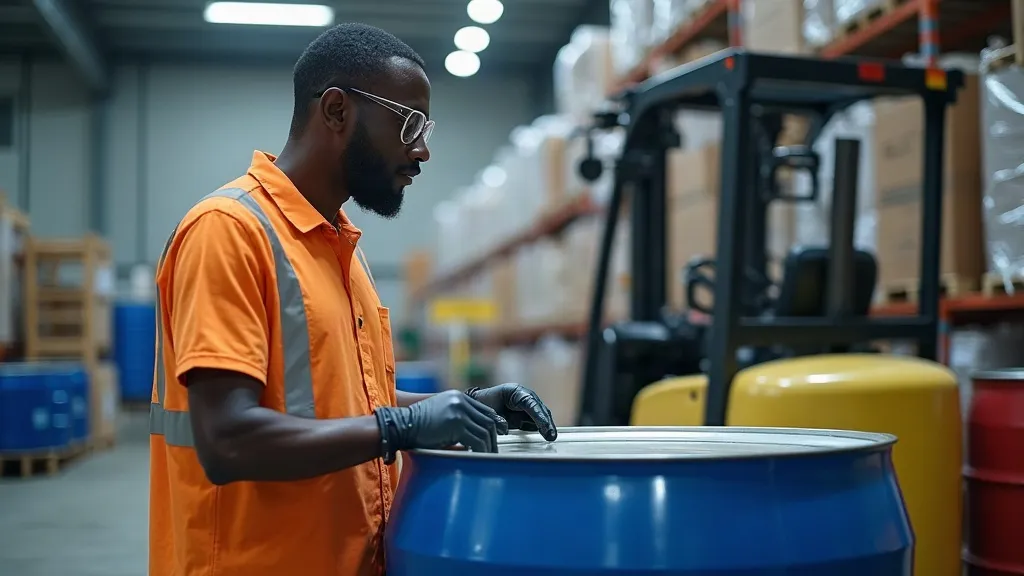 Warehouse supervisor checking containers in a chemical distribution warehouse
