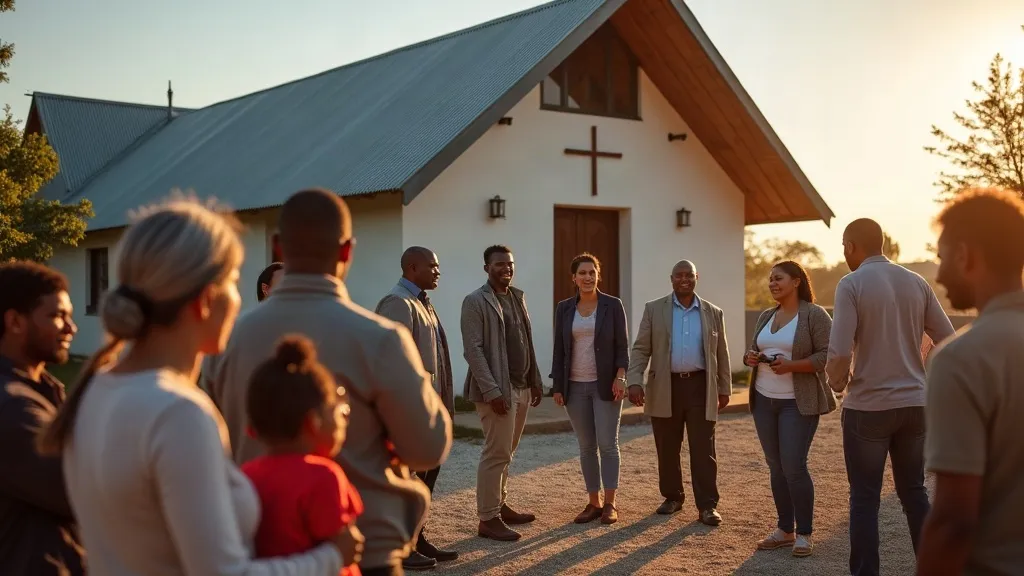 Congregation members greeting each other outside a church