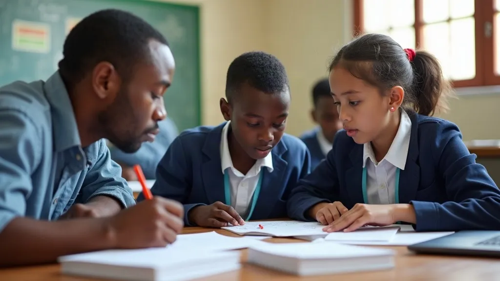 Tutor helping two high school learners with maths