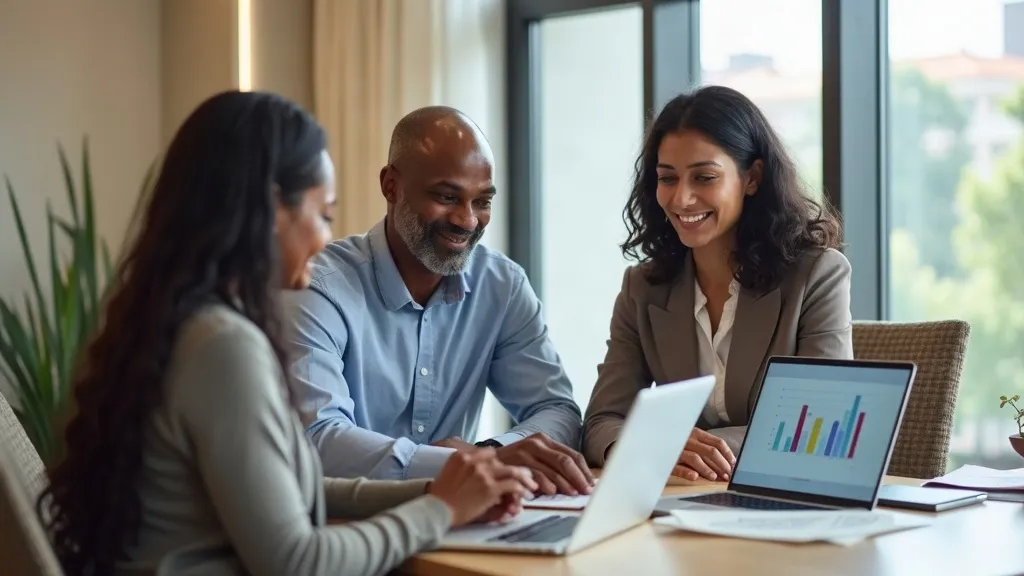 Financial adviser meeting a couple in a modern office