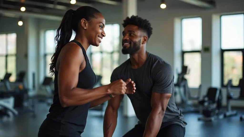 Personal trainer coaching a client in a bright gym