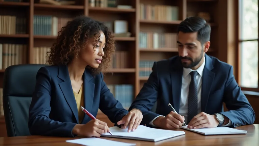 Attorney reviewing documents with a client in a modern law office
