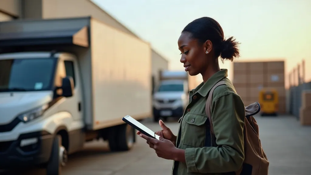 Dispatch manager with tablet beside a delivery van at a loading dock
