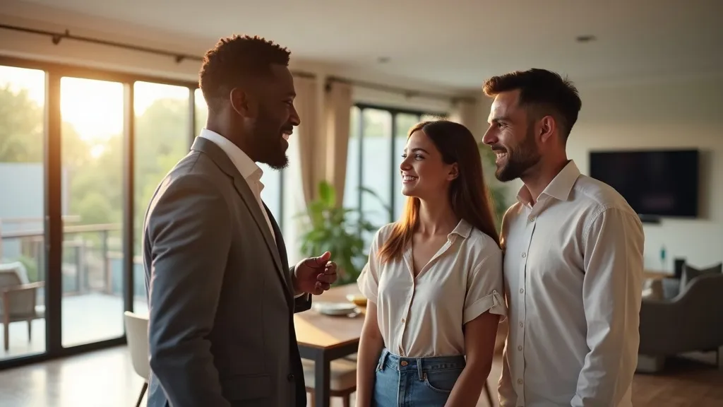 Estate agent showing a couple around a sunlit home