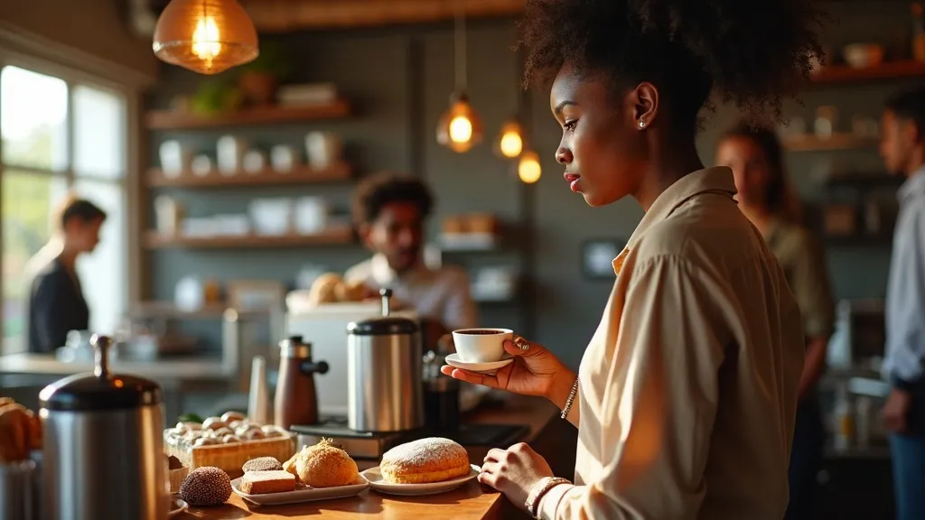 Barista serving coffee in a busy neighbourhood cafe