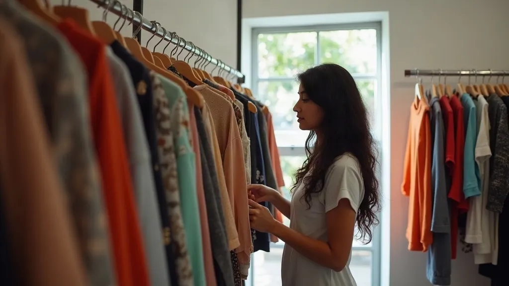 Boutique owner arranging clothing in an independent store