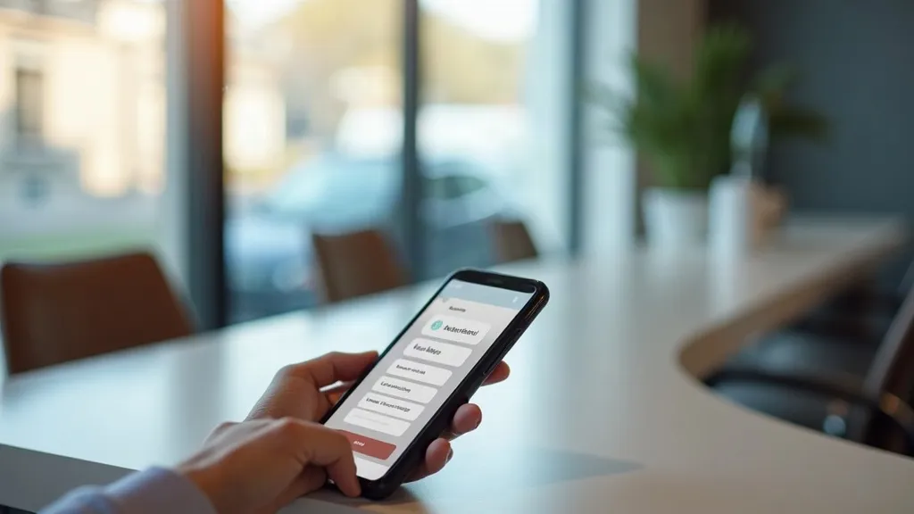 Phone on a reception desk showing an automated booking chat