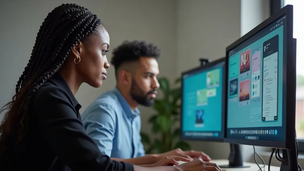 Two developers working on mobile app designs on large screens