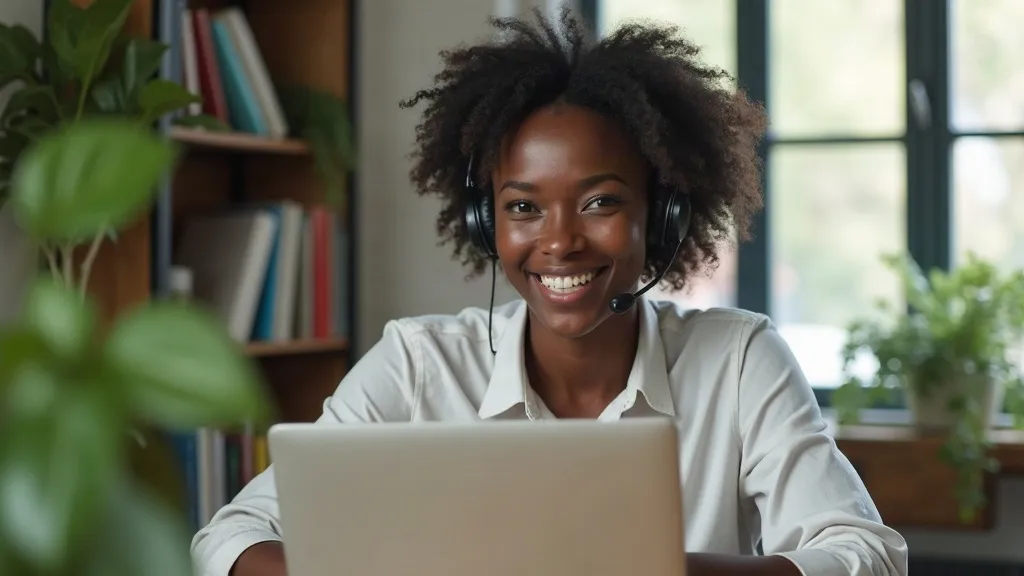 Friendly consultant with a headset smiling on a video call