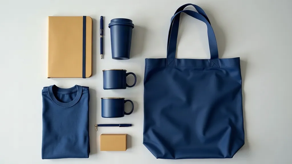 Navy and gold notebooks, mugs, tote bag and t-shirt laid out on a table