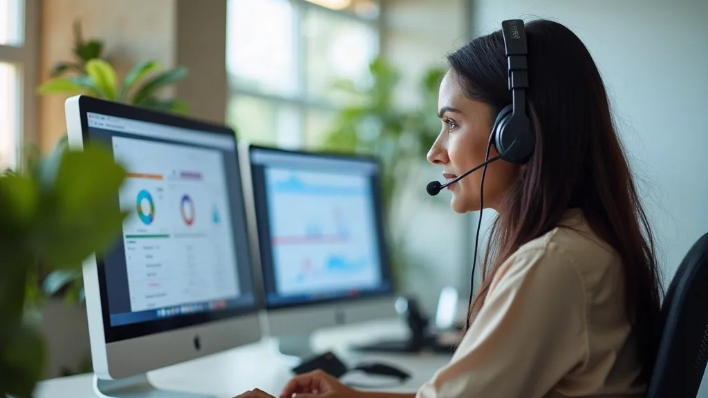 Sales manager with a headset reviewing a CRM pipeline on two monitors