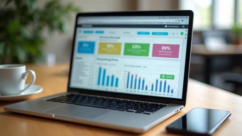 Laptop showing a colourful CRM pipeline dashboard