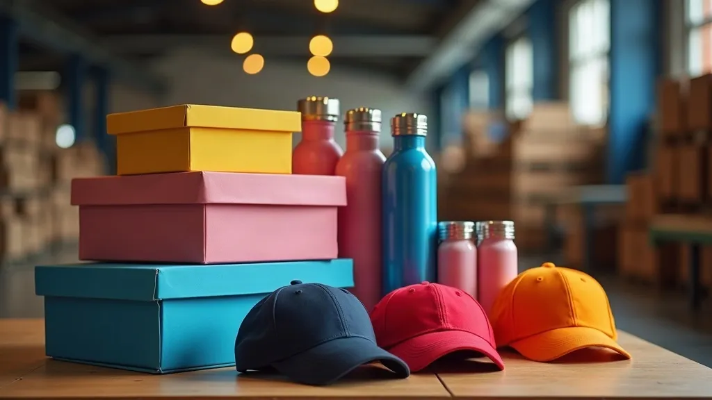 Colourful branded caps, bottles and gift boxes
